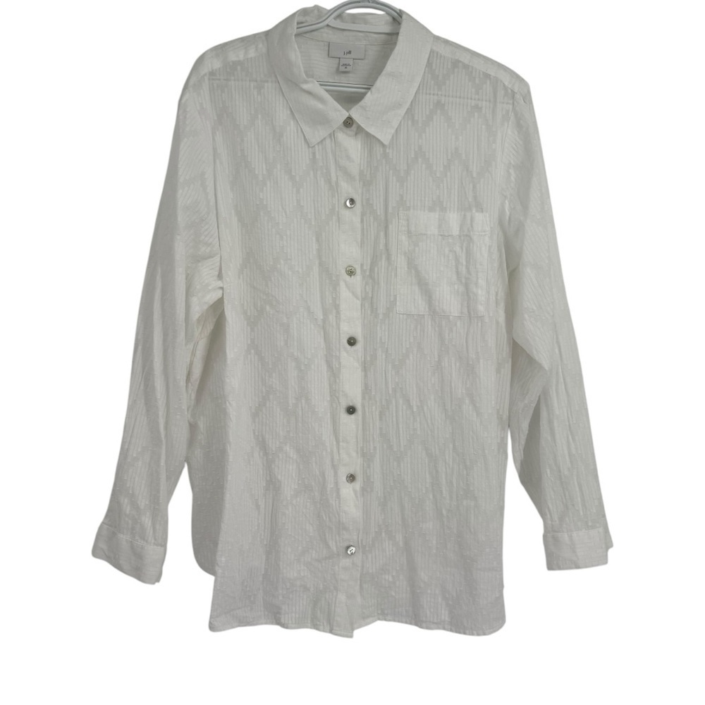 J. Jill button up Top Women's Size 2X white collared diamond pattern Semi sheer